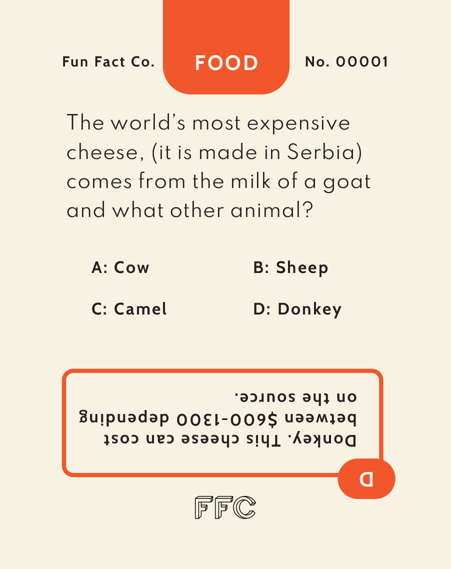 Trivia card about the world's most expensive cheese made in Serbia, with multiple-choice question and answer.