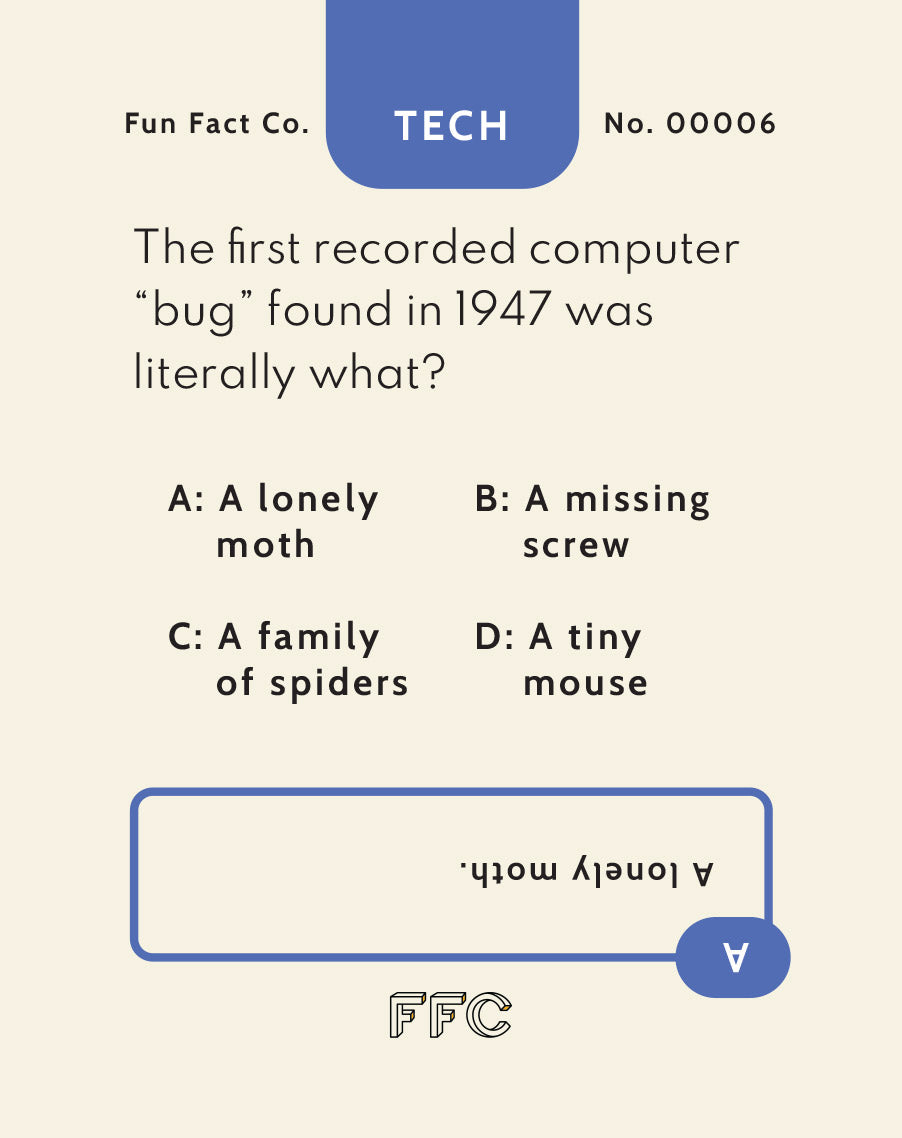 Trivia card about the first recorded computer 'bug' from Fun Fact Co.