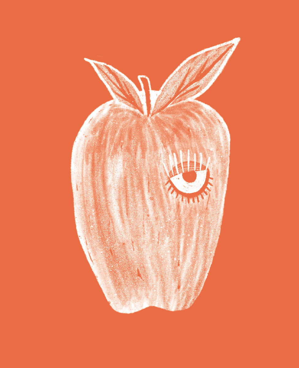 White apple with a face on an orange background