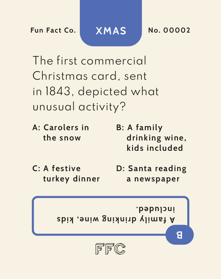 Christmas trivia card with question and answer on a beige background