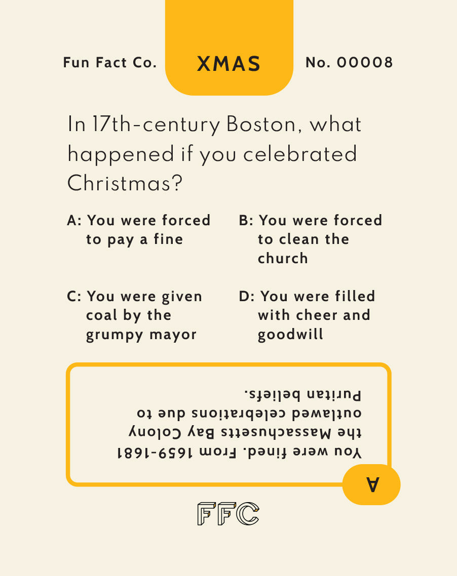 Fun Fact Co. Christmas card with a question about 17th-century Boston and a correct answer.
