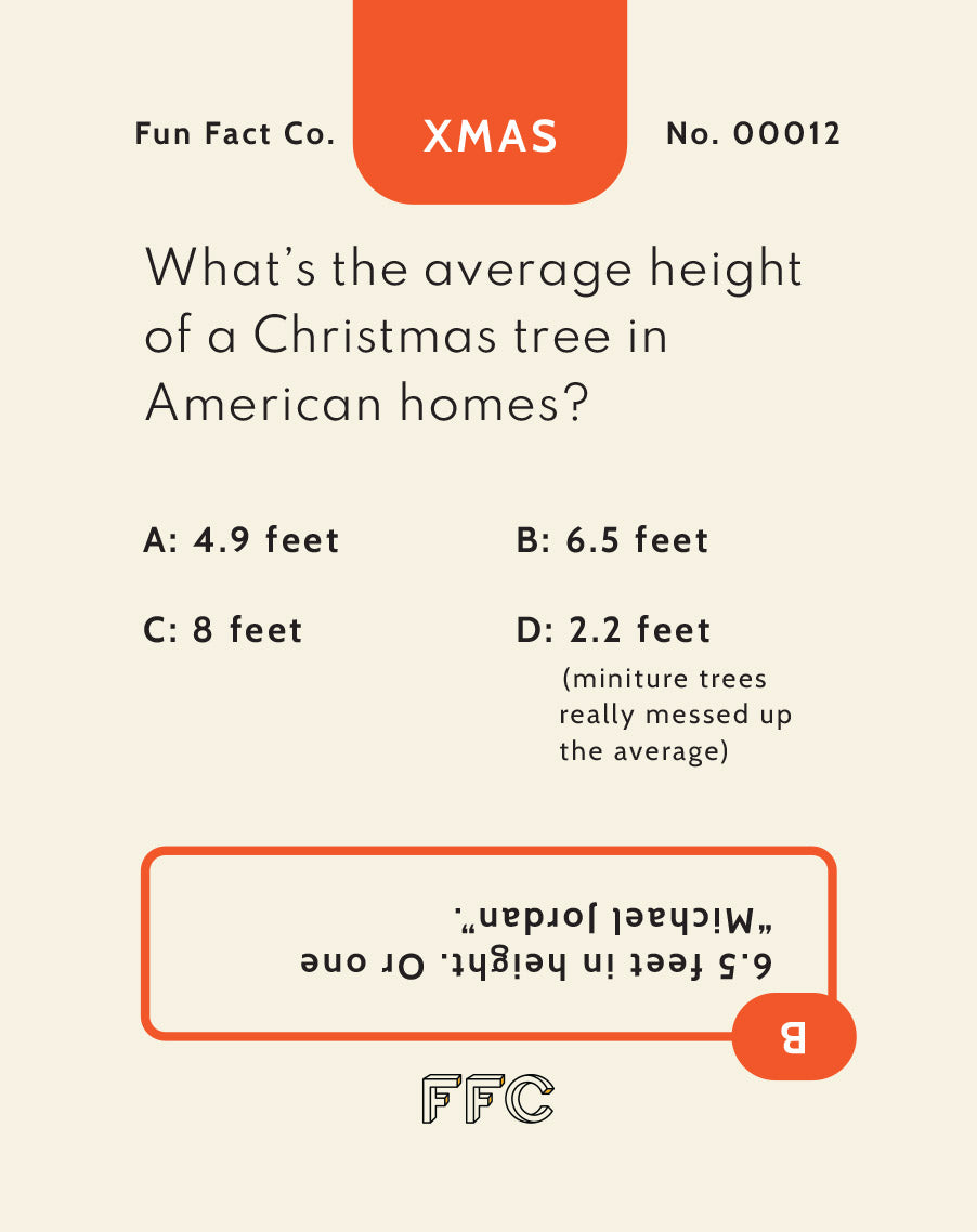 Fun Fact Co. Christmas-themed trivia card with a question about Christmas tree heights.