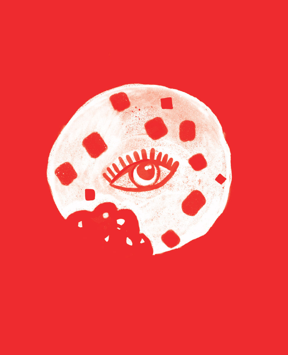 Illustration of a eye within a circle on a red background