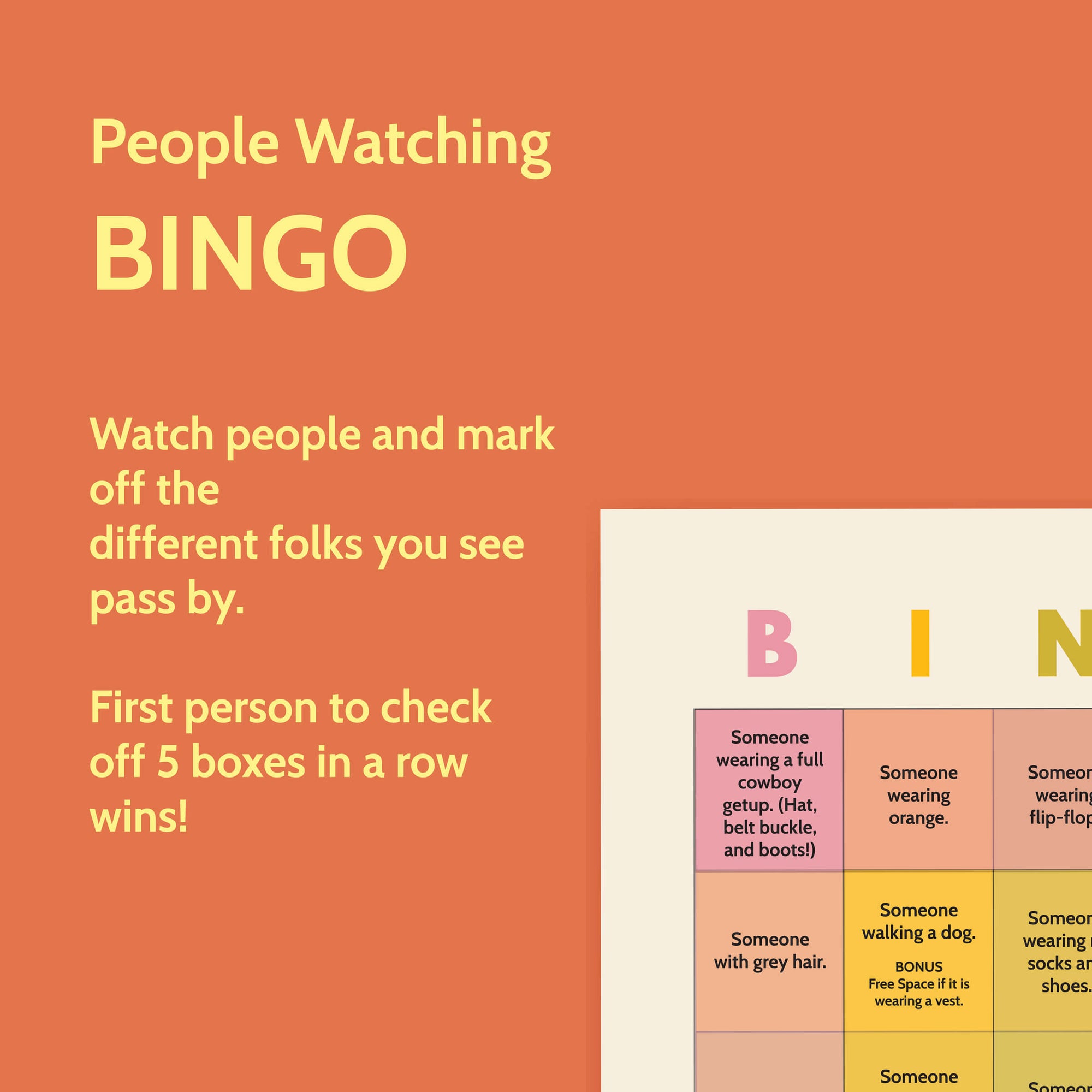 People Watching Bingo Game - Printable Digital Download