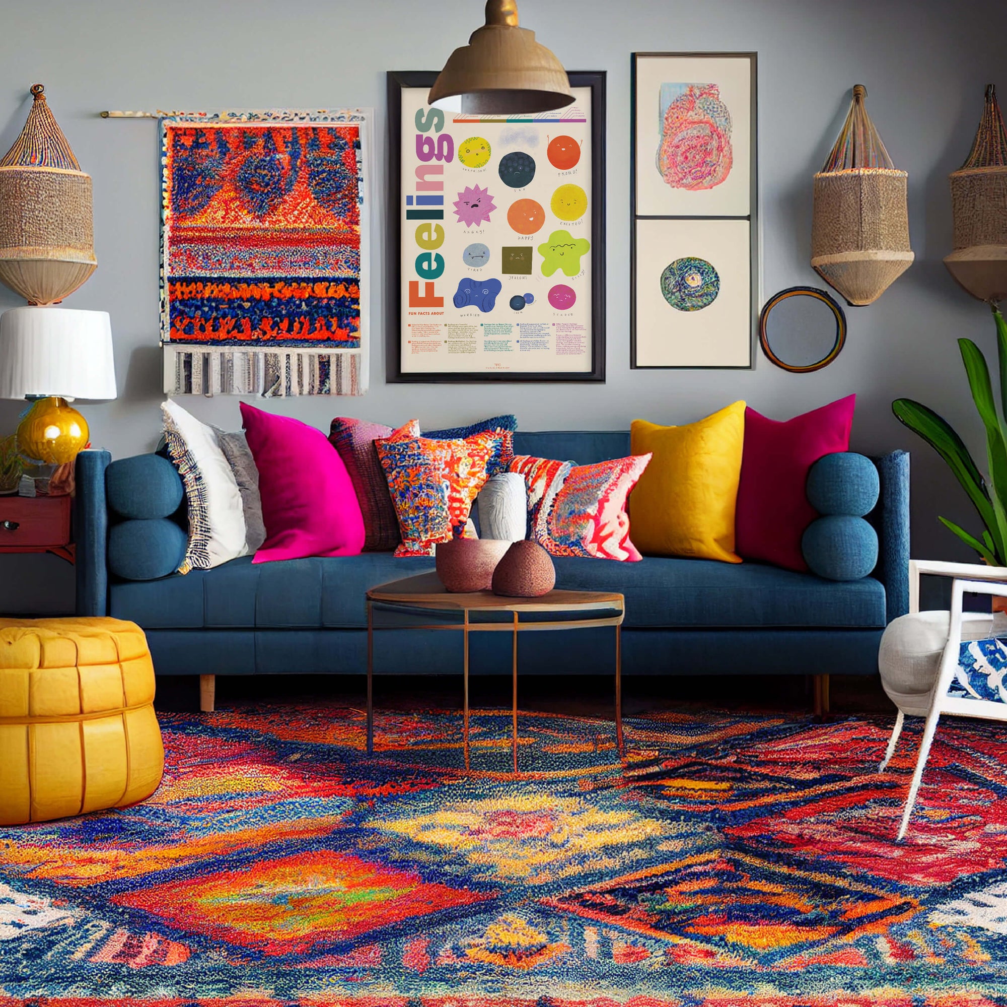 Bohemian Living Room with Fun Facts About Feelings - Illustrated Emotions Poster by Fun Fact Co.