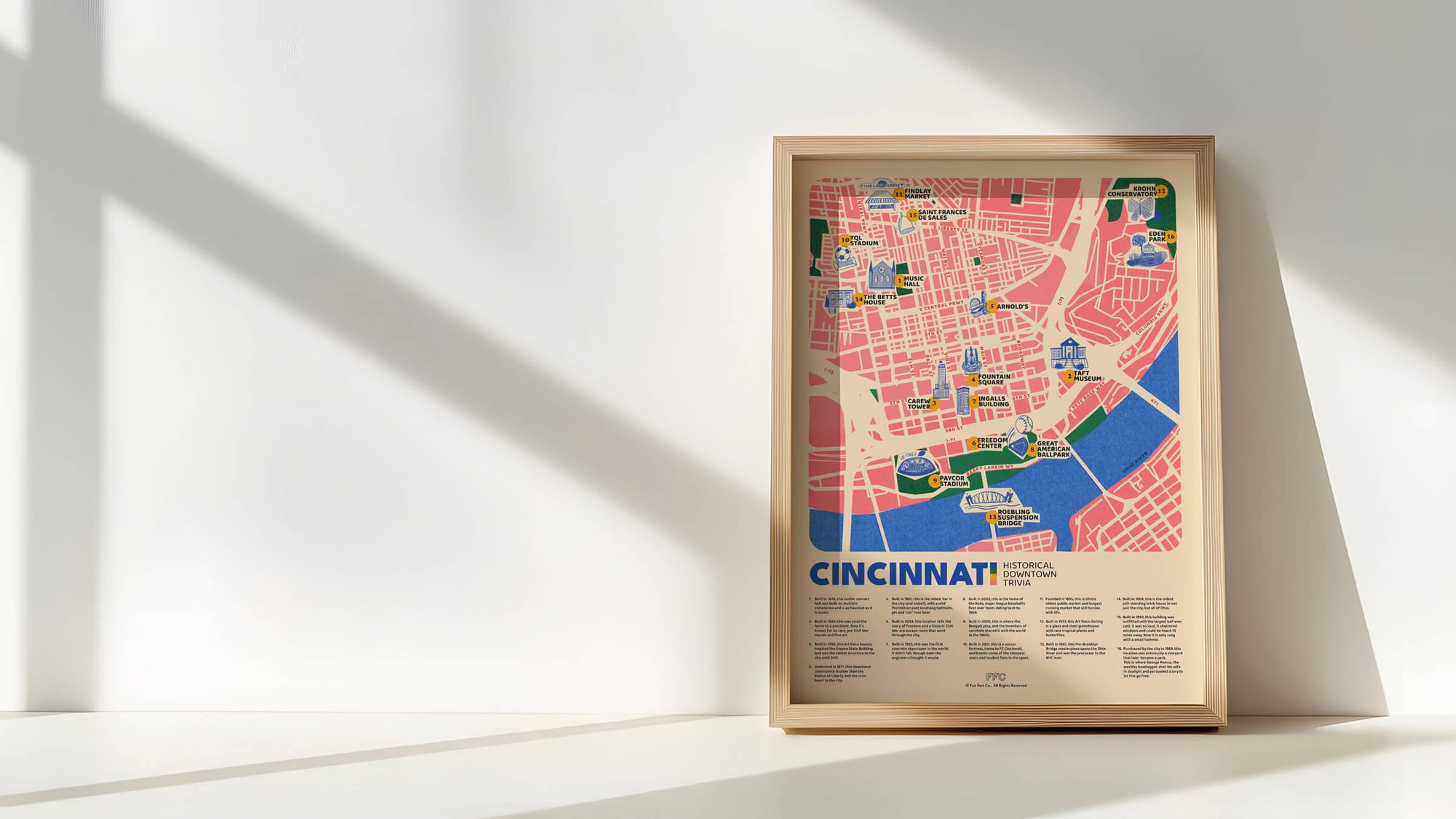 Framed map of Cincinnati on a white wall with sunlight casting shadows.