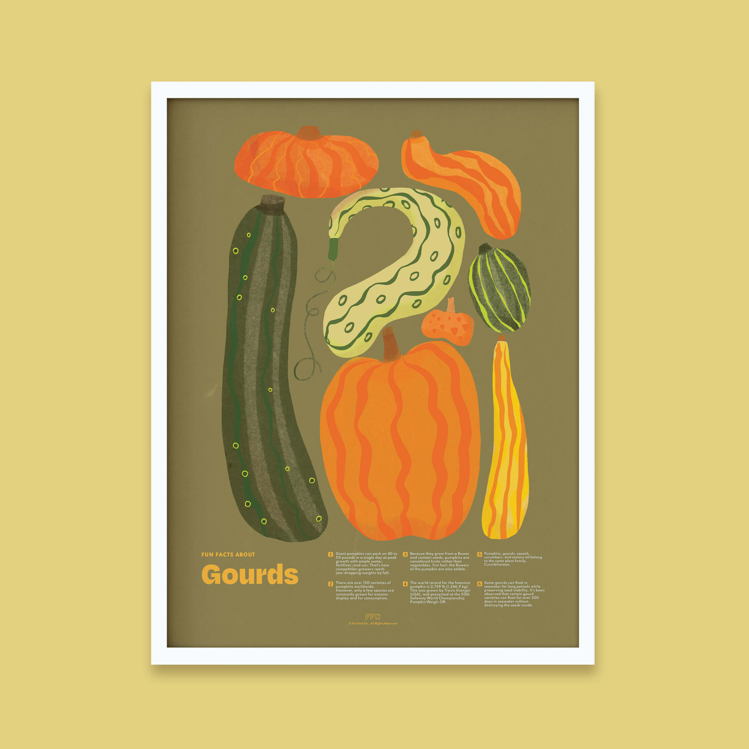 Illustration of gourds on a brown background with a white border