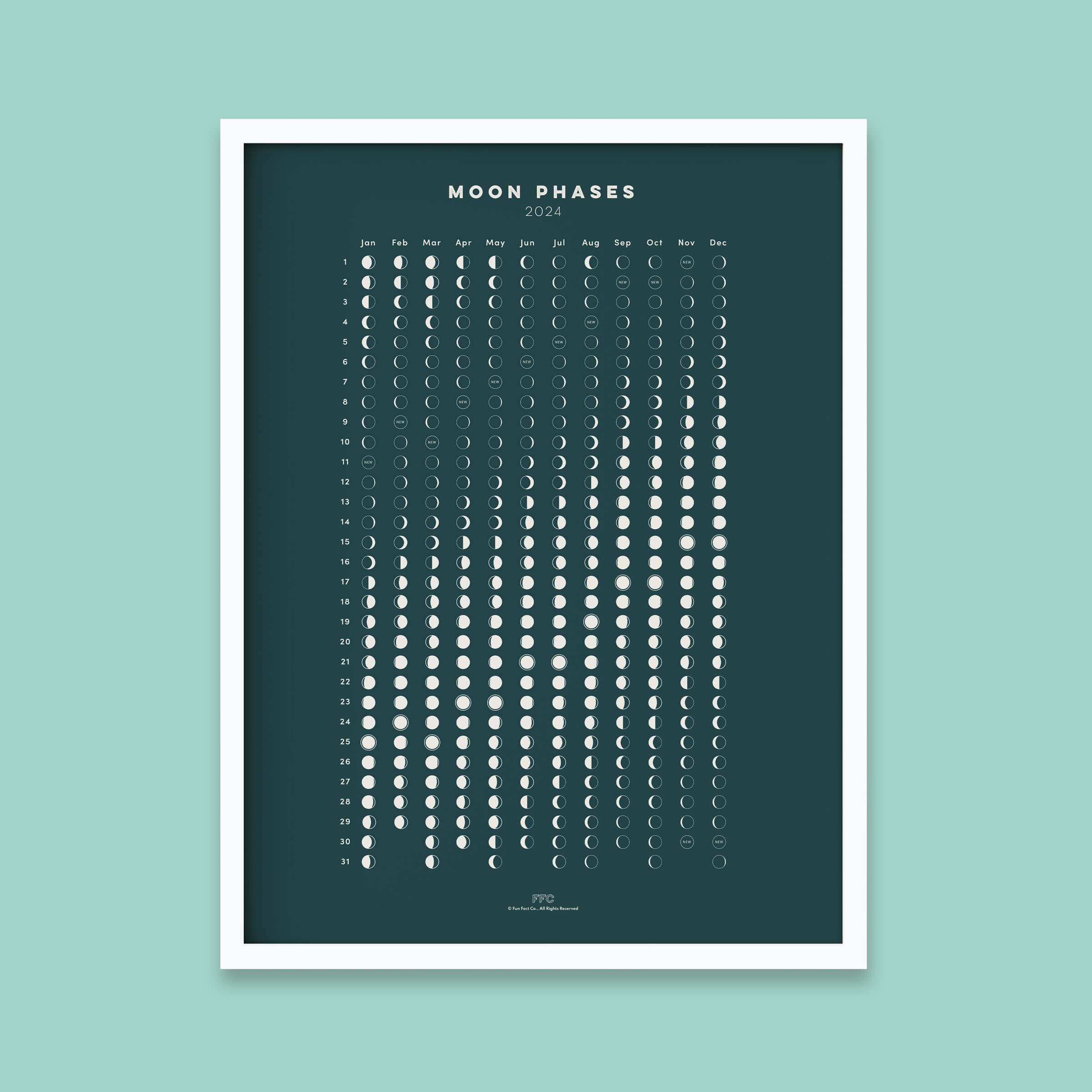 Moon Phases Astronomy Wall Calendar Print - Fun Fact Co. - White Frame