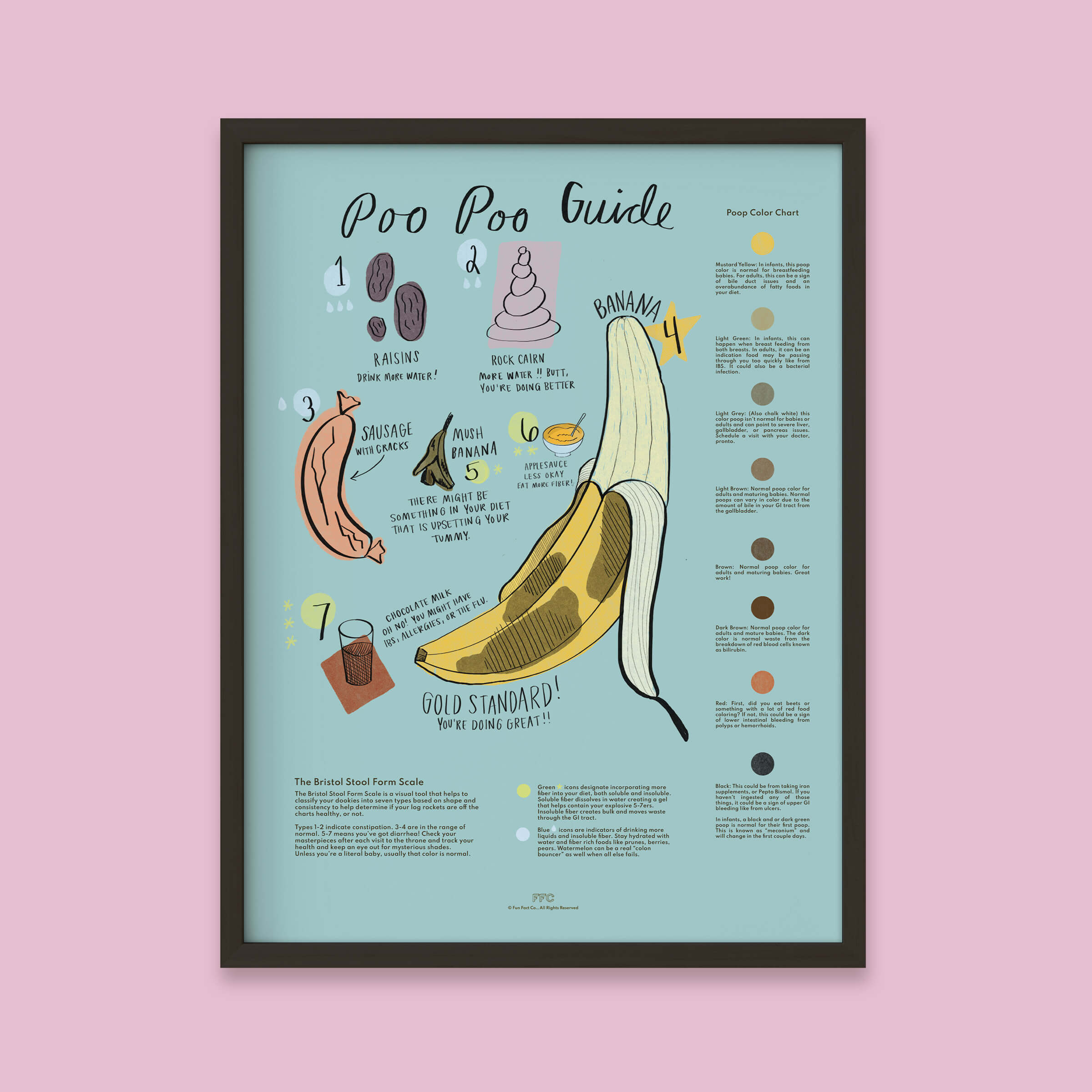 Framed 'Poo Poo Guide' poster with illustrations on a pink background