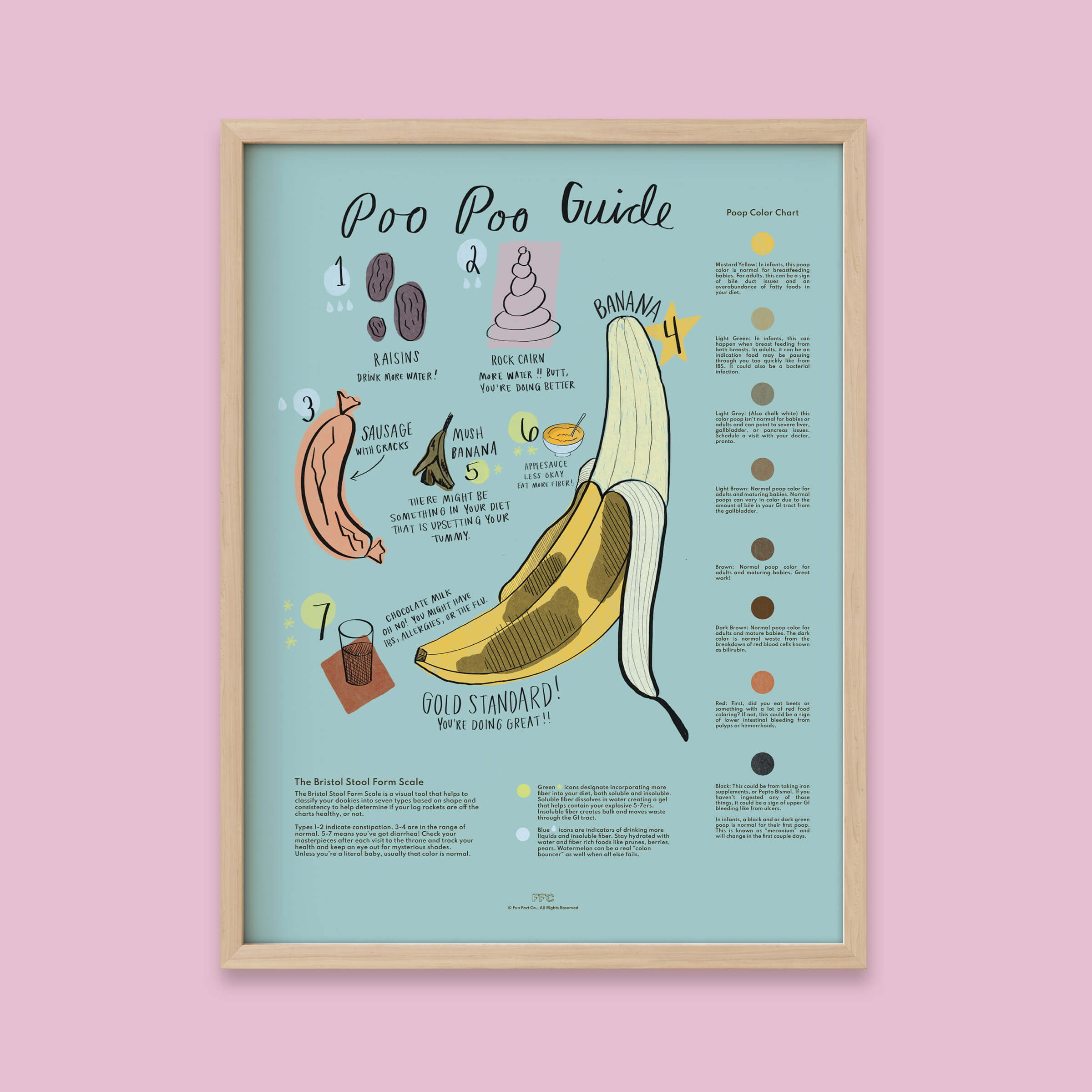 Framed poster titled 'Poo Poo Guide' with illustrations on a pink background