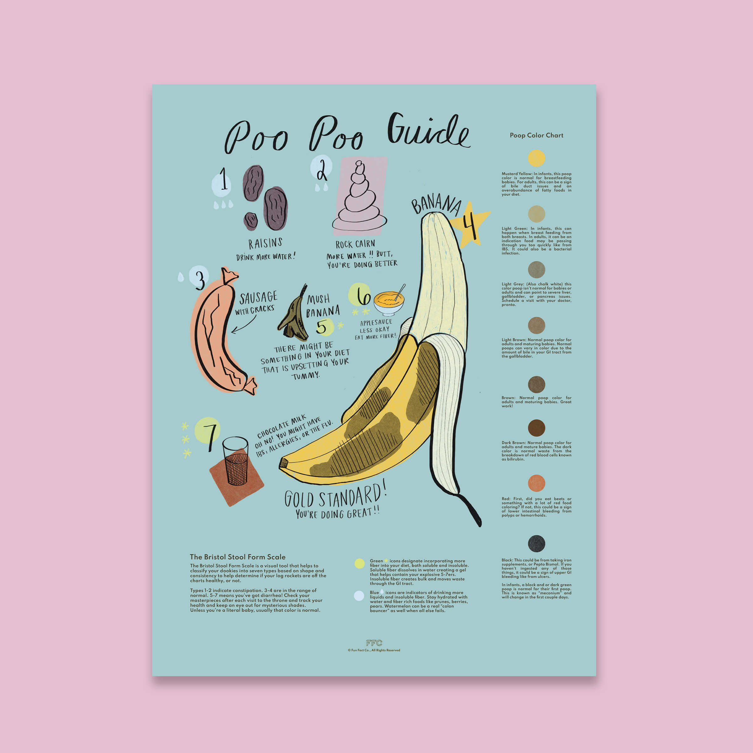 Poster titled 'Poo Poo Guide' with illustrations of bathroom items on a light blue background.