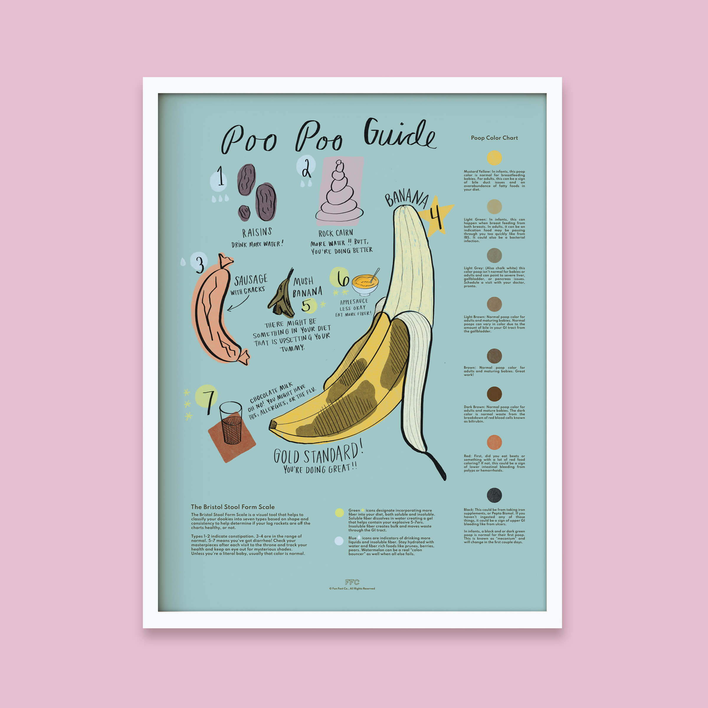 Framed poster titled 'Poo Poo Guide' with illustrations on a pink background