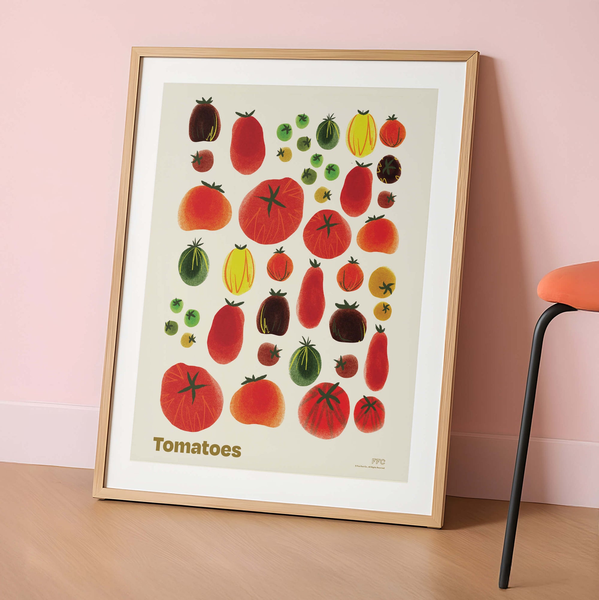 Artistic Illustration of Tomatoes in a wood frame on a wall 